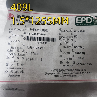 JIS G4312 SUH409L SUS409L Soğuk olarak yuvarlanmış paslanmaz çelik levhası 1.5mm bitirme 2D Egzoz sistemleri için