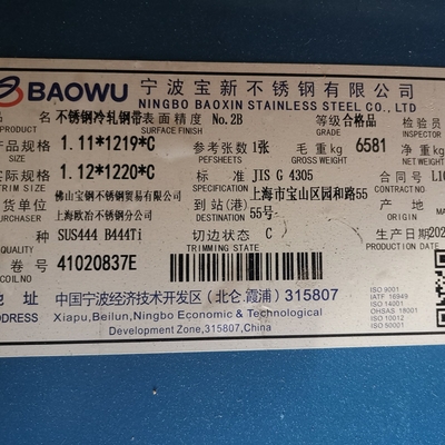 SUS444 2B S44400 EN1.4376 AISI 444 Paslanmaz Çelik Yaprak 1.0* 1000mm 1219mm Genişliği