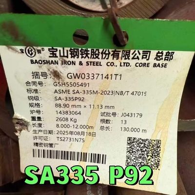 Soğuk çekilmiş ASME A335 P92 Yüksek sıcaklıklı hizmet için dikişsiz ferritik alaşımlı çelik boru 89 * 11.13mm